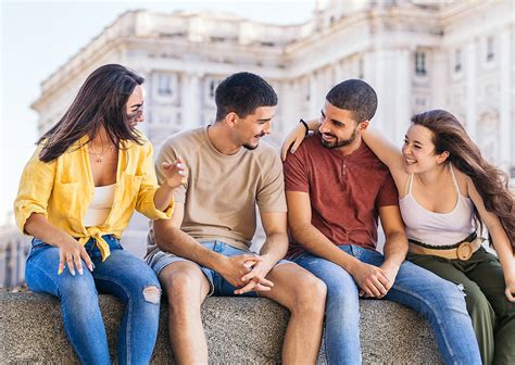 young friends enjoying time   madrid spain stock image