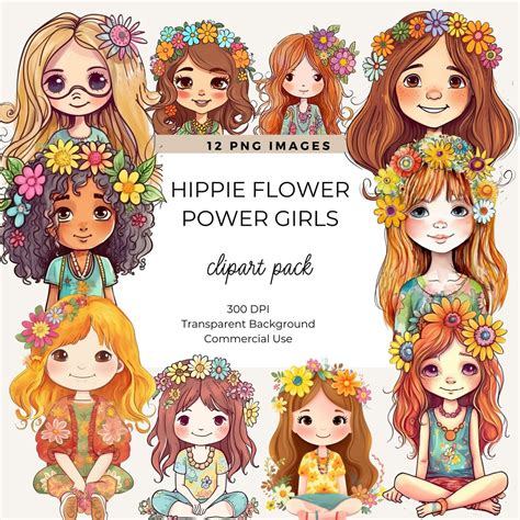 Hippie Clipart, Hippie Flower Power Girls, Hippie Boho PNG, Hippie Girl ...