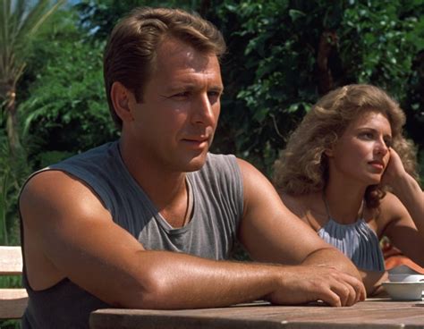 Man and woman sitting at wooden table outdoors: man in sleeveless top ...