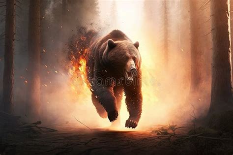 Bear Running Away from Burning Forest, with Flames and Smoke in the ...