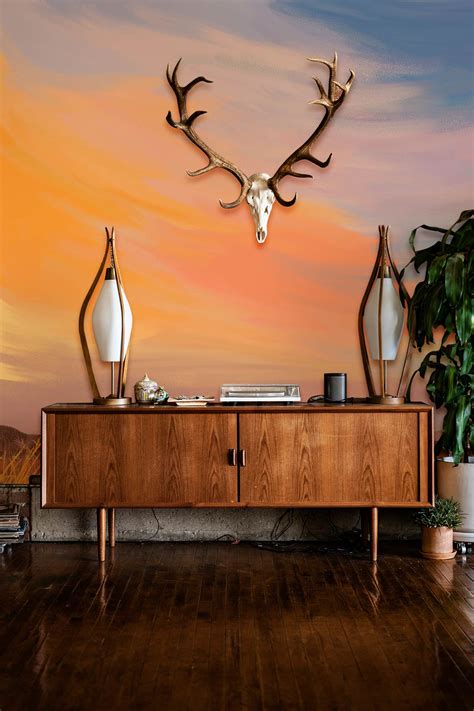 Tranquil Sunset Landscape Mural Wallpaper in Warm Pastel Colours Style