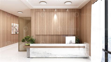 rendering office front desk  receptionist room  wooden design