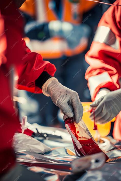 Emergency Medical Technicians Preparing Blood Bag for Transfusion in