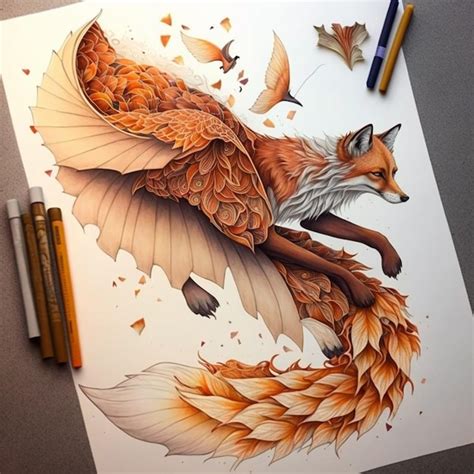 Premium Photo | Drawing of a fox with wings and a bird on a table ...