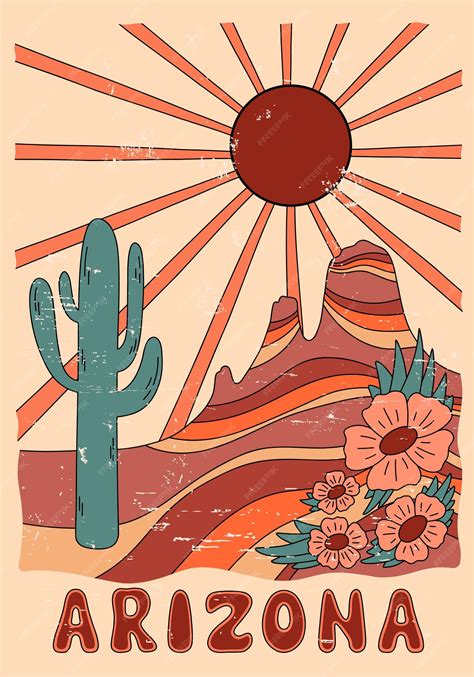 Premium Vector | Arizona desert vibes with sun, mountain, flowers