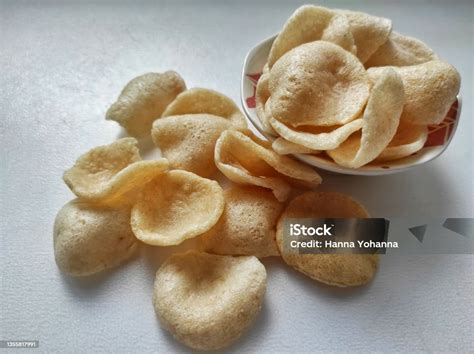 small prawn cracker chips  white background stock photo