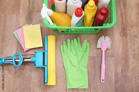 Collection of cleaning products and tools 스톡 사진 | Adobe Stock