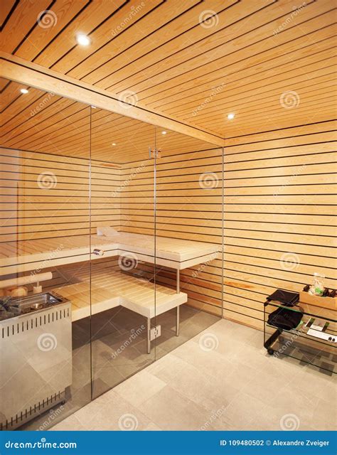 Interior Of Sauna, Classic Wooden Sauna With Steam. Relax In Hot Sauna