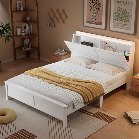 Cama de casal 140x200 cm com prateleira aberta, compartimento de