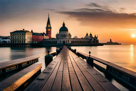 the sun sets over a pier in venice. AI-Generated 30252750 Stock Photo ...