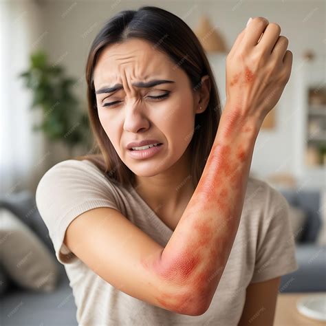Health problem skin diseases Young woman scratching her itchy arm with