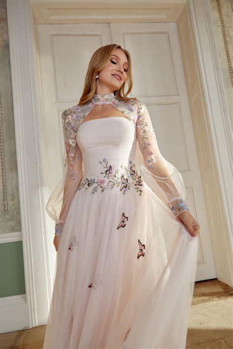 44565: English Net A-Line Gown with Butterfly Appliqués and Dropped