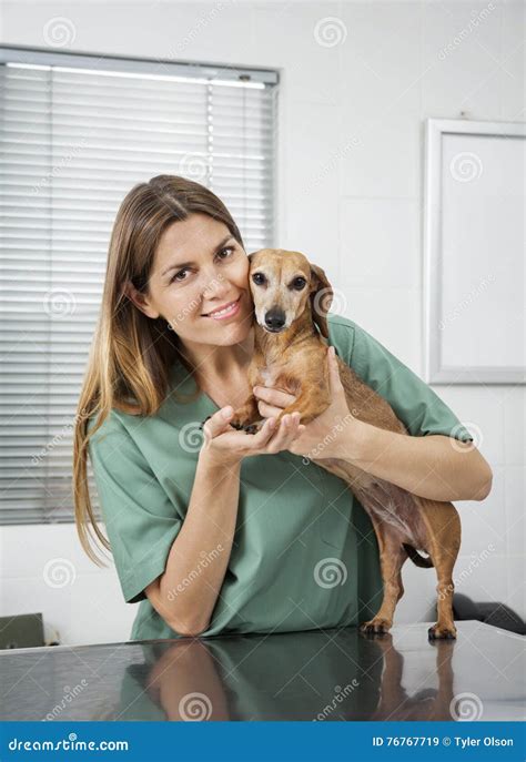 Loving Female Nurse Playing with Dachshund Stock Image - Image of