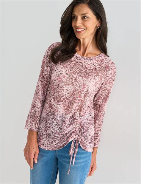 Ella J Paisley 3/4 Sleeve Burn Out Tee, Pink - Tops