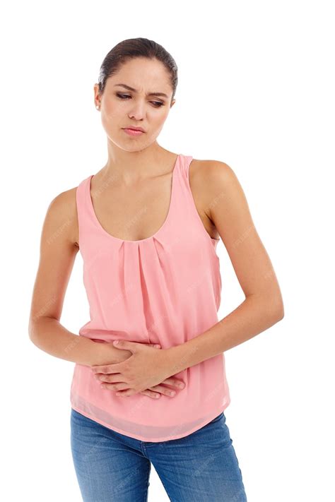 Premium Photo | Stomach ache pain and woman on a white background with