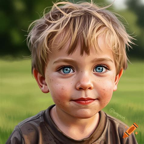 Close-up of a young boy with bright blue eyes, blond hair, and freckles