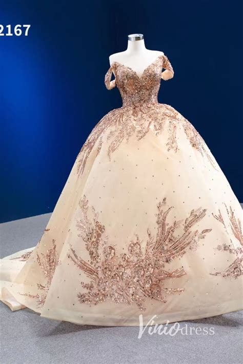 gold debut gown   shoulder cinderella ball gown wedding dresses