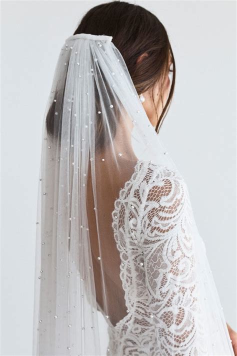 Pearly Long Veil - Bridal Veil with Pearls - Grace Loves Lace