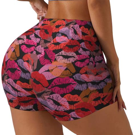 Junzan Red Lips Kissing Pattern Women Workout Impact Shorts,Scrunch