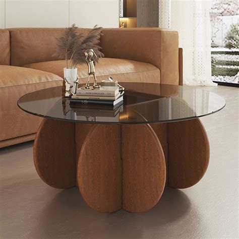Modern Round Glass Coffee Table with Solid Wood Legs – Zwob