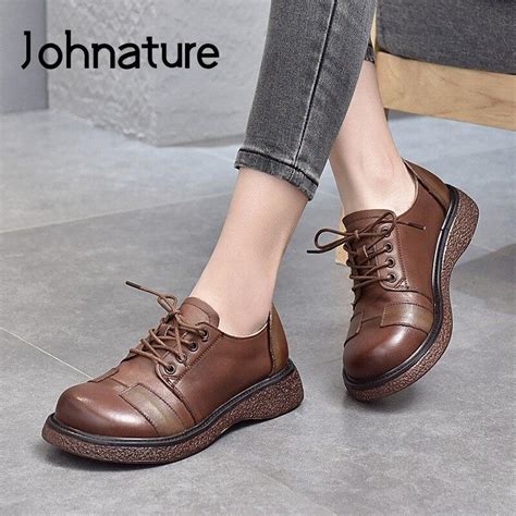 Купить Johnature Pumps Женская обувь Шнуровка Ретро Подлинная кожа ...