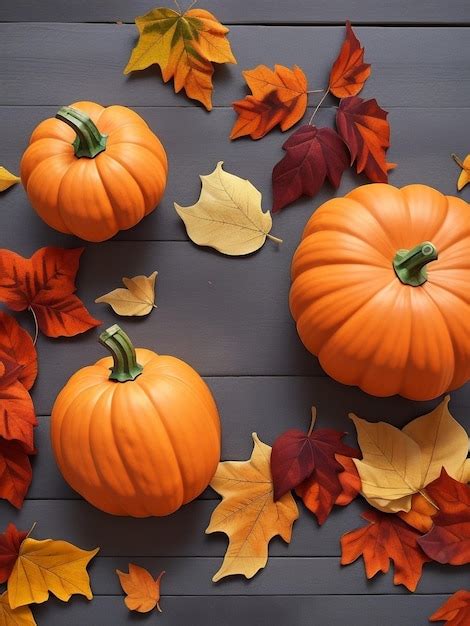 Premium AI Image | Autumn leaves and pumpkins on wooden background Flat ...