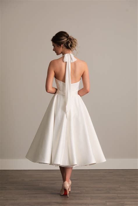Tea Length Wedding Dress "Chelan" | Short halter wedding dress, White