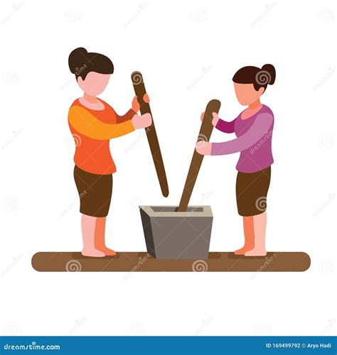 Two Woman Pounding Rice Grain, Traditional Activities Woman In Asian