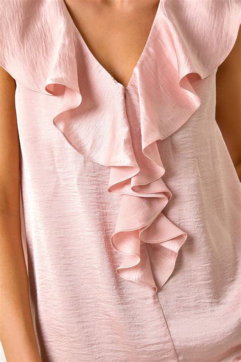 light pink petite satin finish frill  neck top roman uk