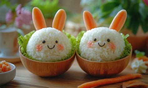 Cute Bunny-shaped Rice Balls with Smiling Faces and Colorful Ears in ...