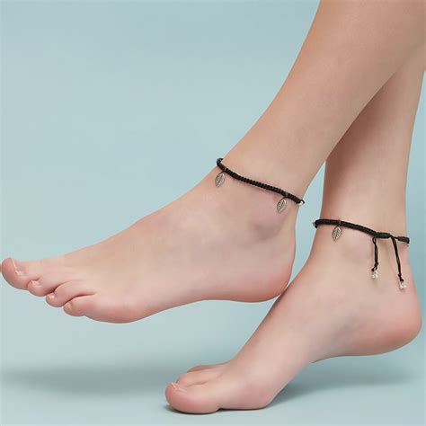 black thread  leaf charms  silver anklet valentines gift zavya