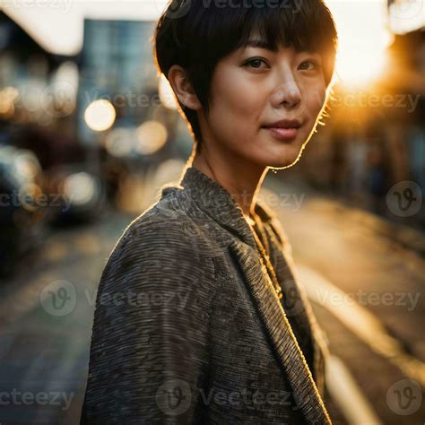 photo of beautiful japanese asian woman with short hair, generative AI