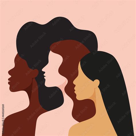 Vetor de Women of different races standing together. Profile ...
