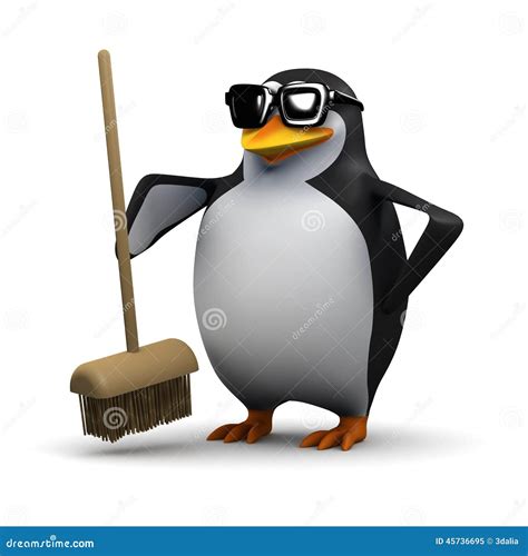 3d Penguin Holds Out a Broom Stock Illustration - Illustration of ...