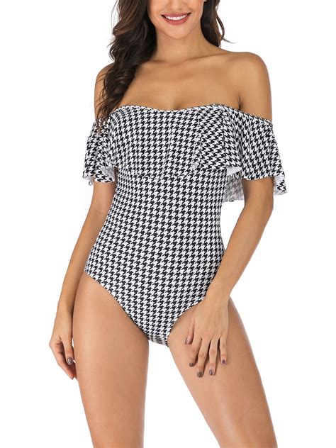 Csndyce Women One Piece Swimsuits Ruffled off Shoulder Backless Tummy