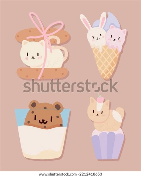 Kawaii Animals Food Icons Collection Stock Vector (Royalty Free ...