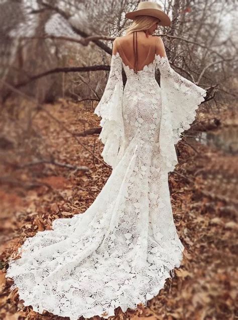 Long Boho Sleeves Wedding Dress Bold Lace Bohemian Bridal - Etsy