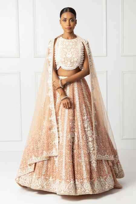 Buy Peach Net Embroidered Sequin Round Tonal Floral Lehenga Set For ...