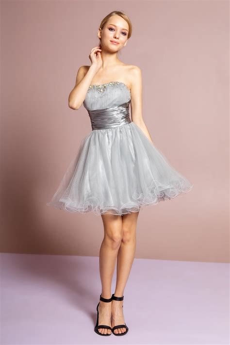 Coral Strapless Beaded Tulle Short Prom Dress - Homecoming Dresses