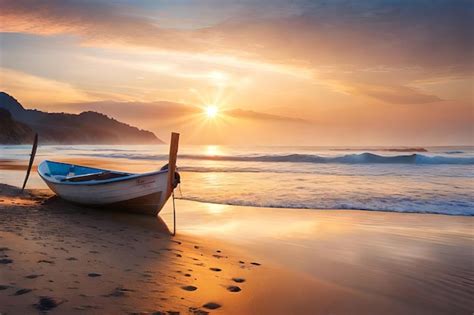 Premium Photo | A boat on the beach at sunset