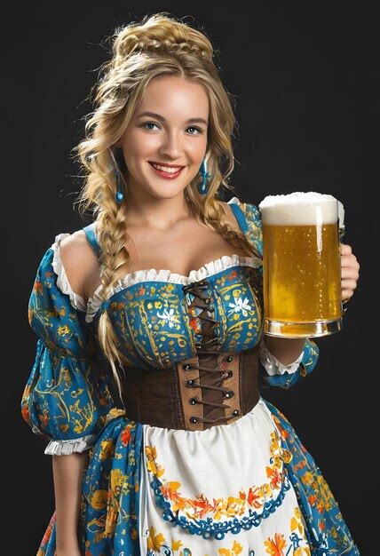 beautiful german blonde girl holding beer mug pint  traditional