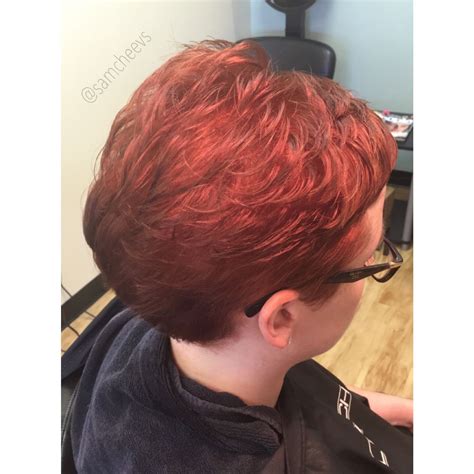 Red orange hair color with pixie hair cut | Hair color orange, Pixie