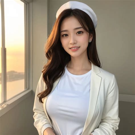 A woman in a white hat and white shirt posing for a picture - SeaArt AI
