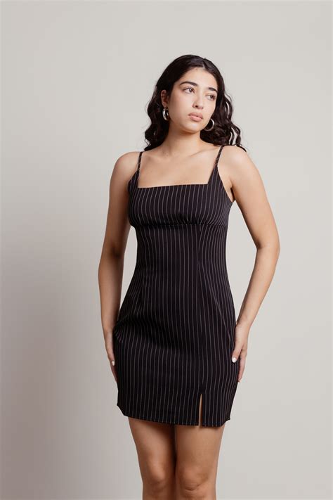 Black Pinstripe Bodycon Dress - Pinstripe Slit Dress