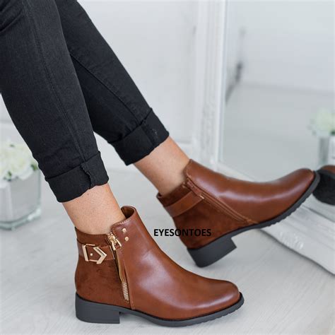 LADIES WOMENS FLAT ANKLE CASUAL BUCKLE CHELSEA SIDE ZIP LOW HEEL SHOES ...