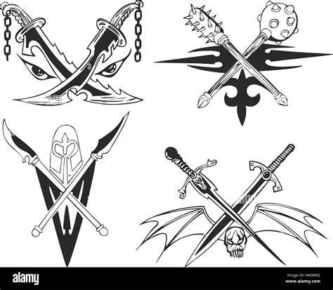 Gekreuzte Dolche, Schwerter und Keulen. Satz von Fantasy Tattoo Schwarz ...