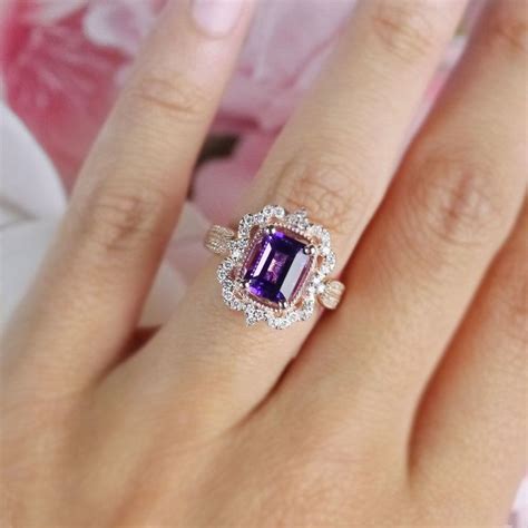 Custom Halo Antique Amethyst Emerald Cut Engagement Ring