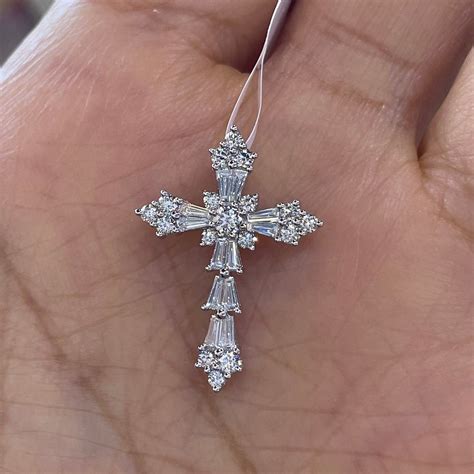 Diamond Cross Pendant, 18K White Gold Genuine Diamond Cross, Baguette