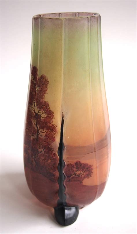 French Art Deco Becken and Richie Enameled Landscape Glass Vase For