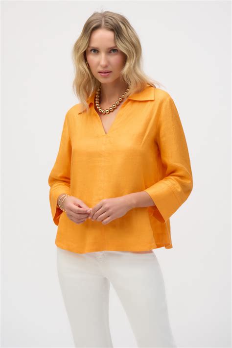joseph ribkoff apricot linen boxy top  shirt collar style